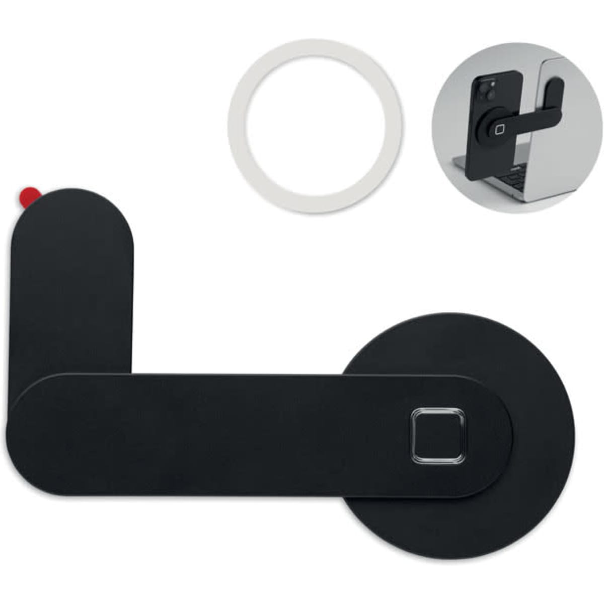 A black and white promotional product with a circular base and an adjustable arm, featuring a logo.