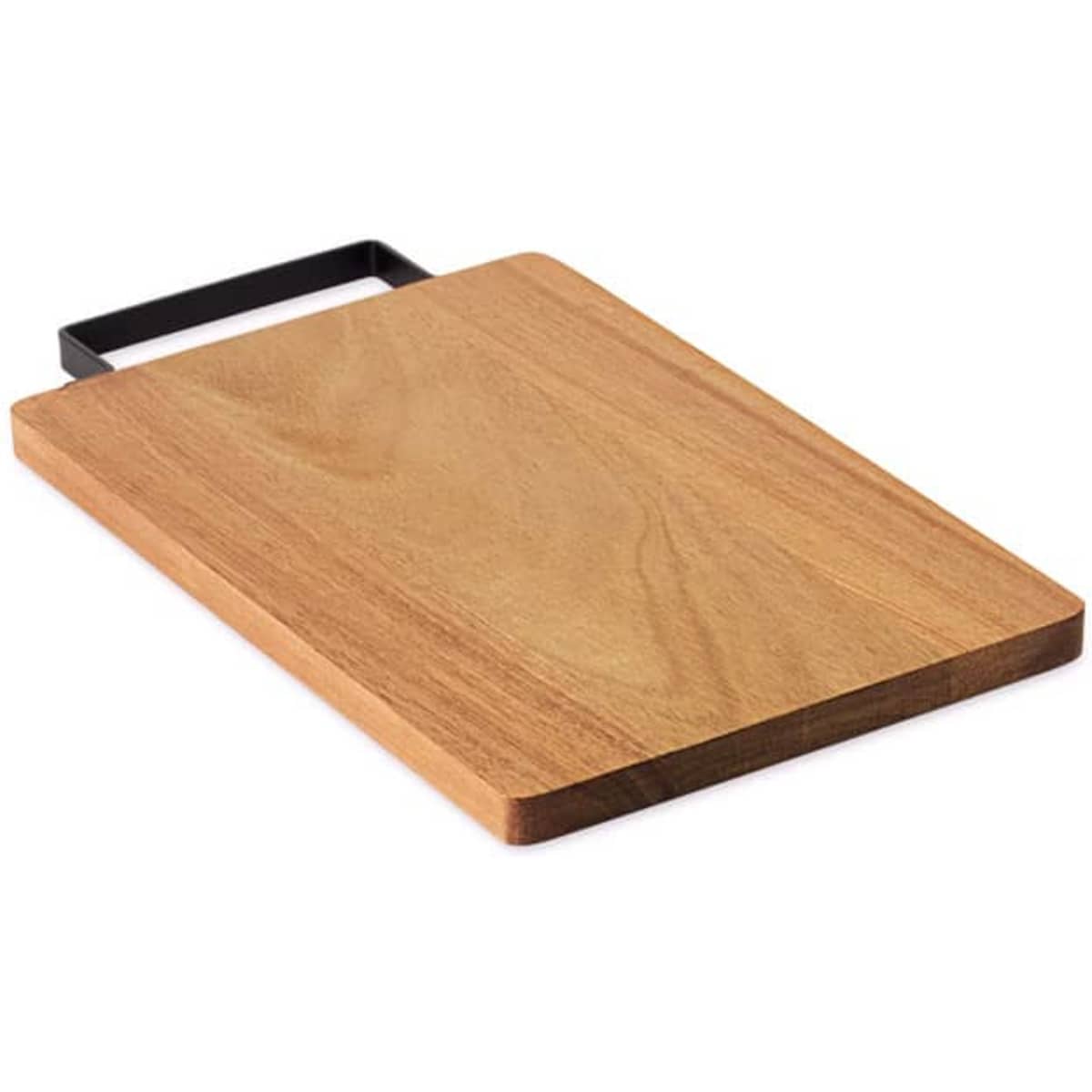 A wooden cutting board with a smooth surface and a black metal handle. The board features natural wood grain patterns.