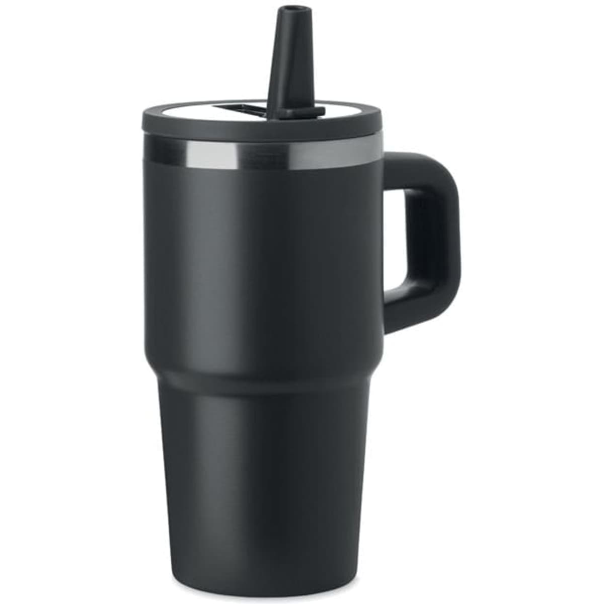 A drink bottle in black with a handle and a straw, featuring a sleek design and a silver accent.