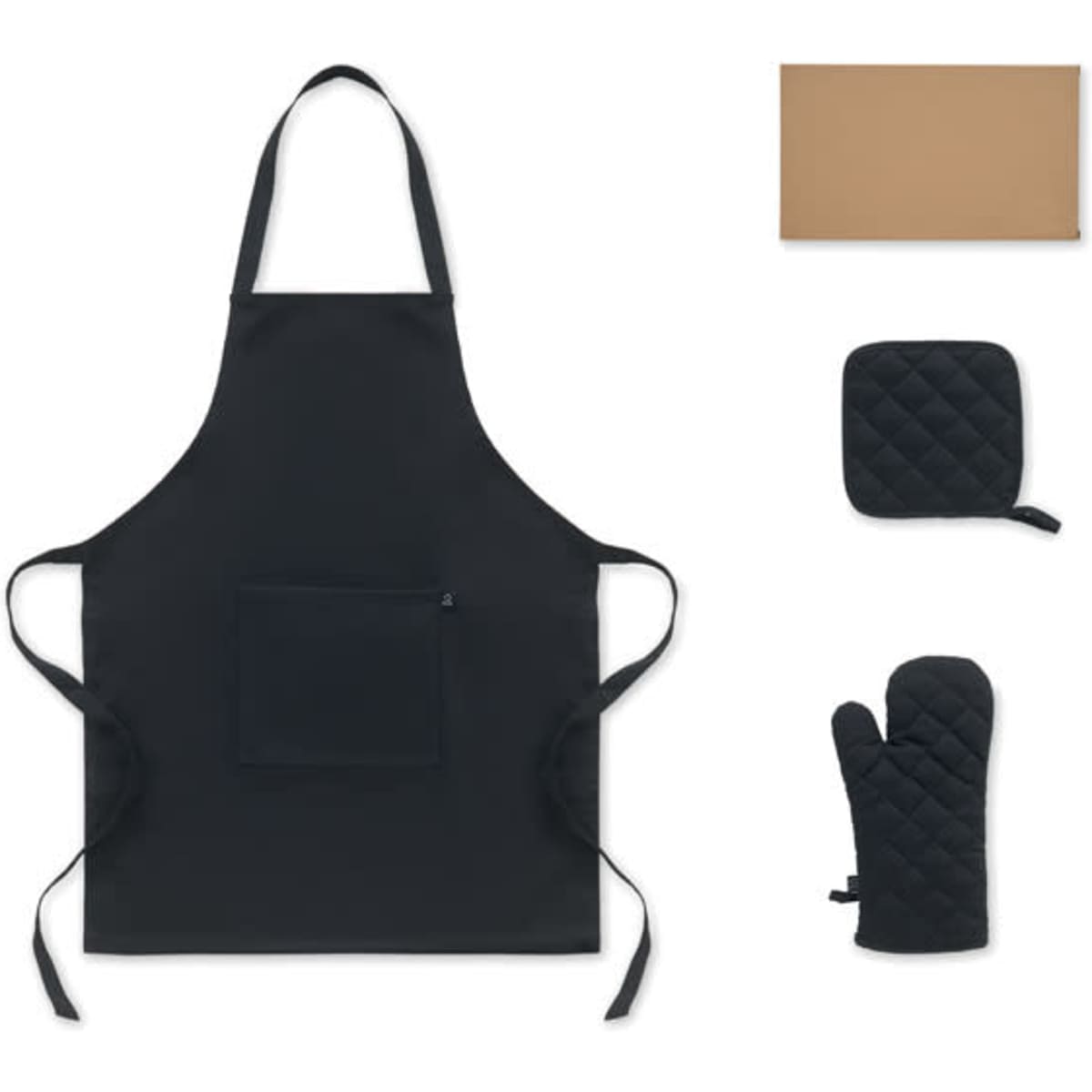 A black apron, oven mitt, and pot holder alongside a rectangular cardboard insert, all featuring a logo.