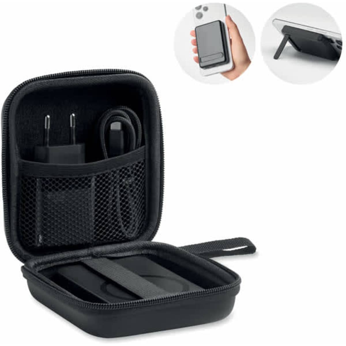A compact black storage case containing a charger, cable, and a phone stand, with a zip closure and external handle.