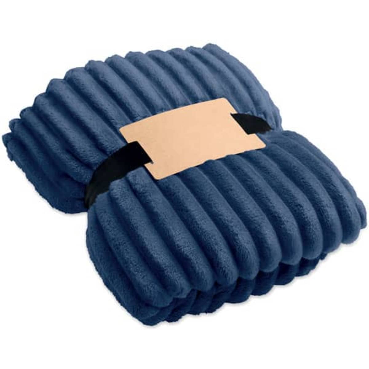 A blue plush blanket neatly folded and secured with a black strap, featuring a plain brown card in the centre.
