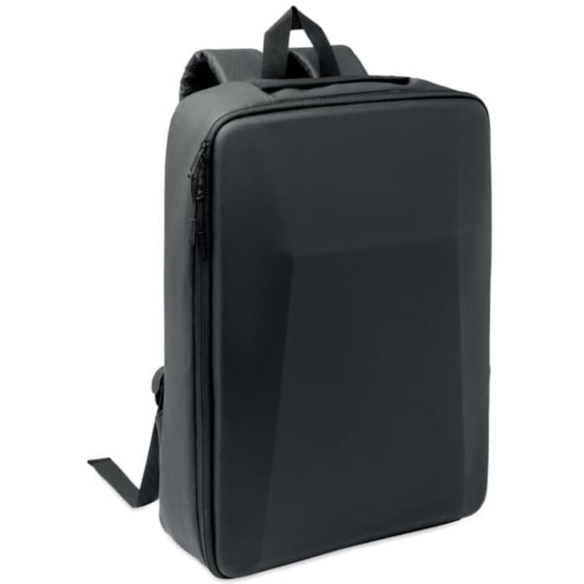 A black backpack with a sleek, modern design and zip closure, featuring adjustable straps.