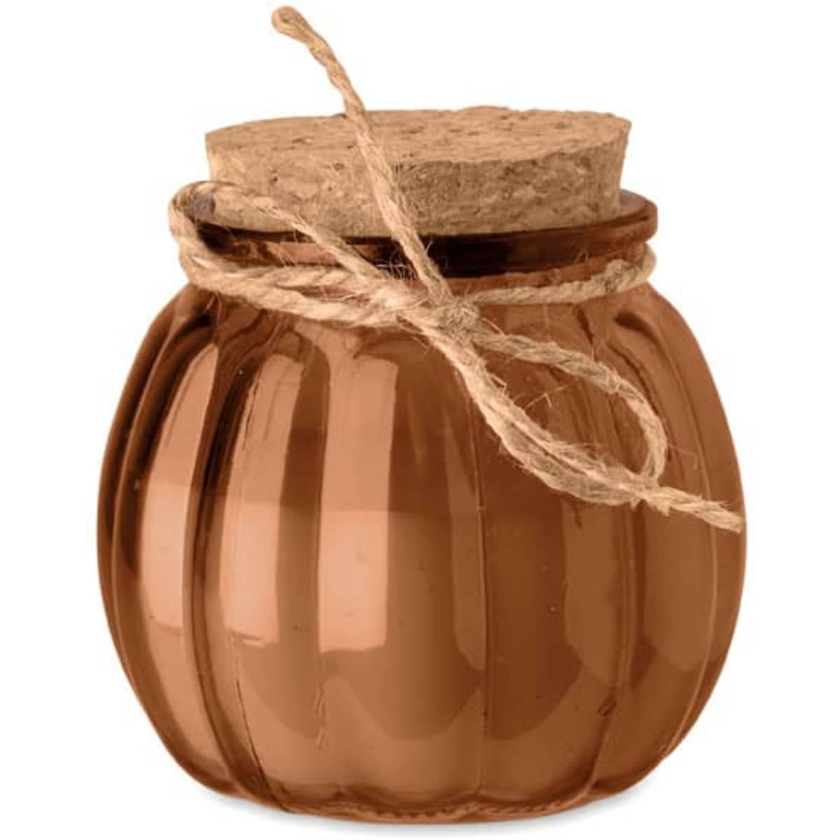 A glass jar in a pumpkin shape, featuring a cork lid and a twine tie, in a warm, amber colour.