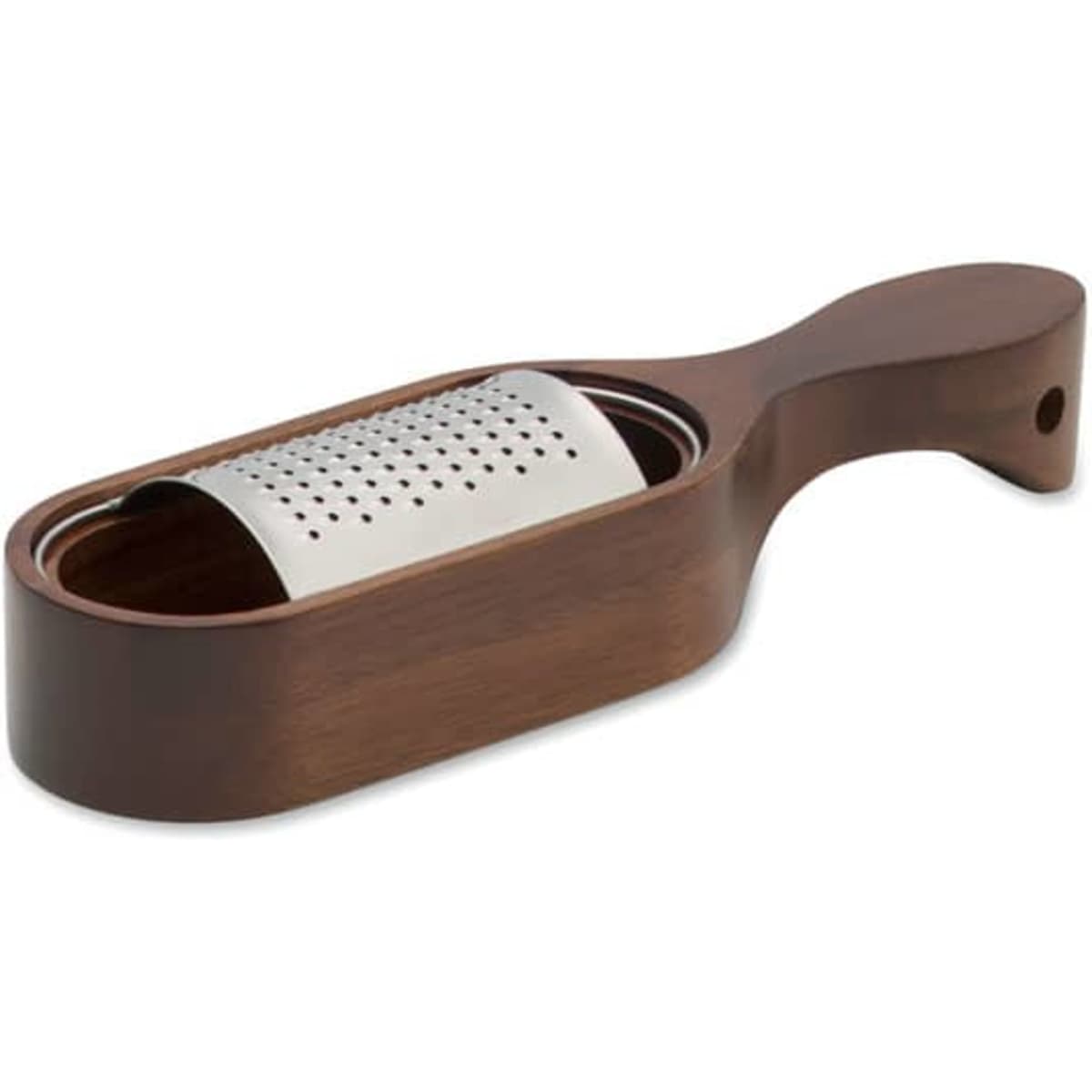 A wooden kitchen tool with a metal grater insert, featuring a smooth handle and a rounded shape.