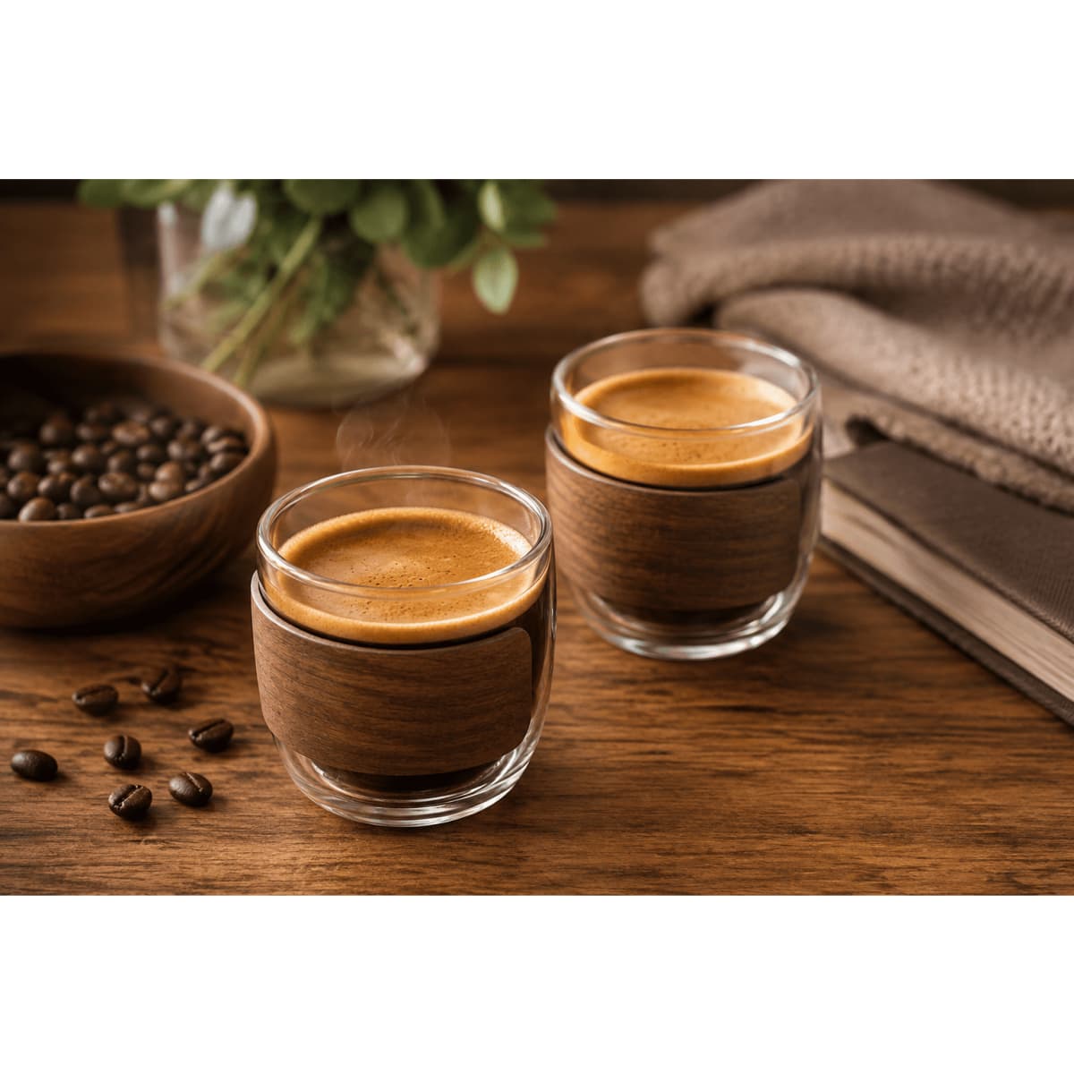 Two glass coffee cups with wooden bases, filled with freshly brewed coffee, sit on a wooden table with coffee beans nearby.