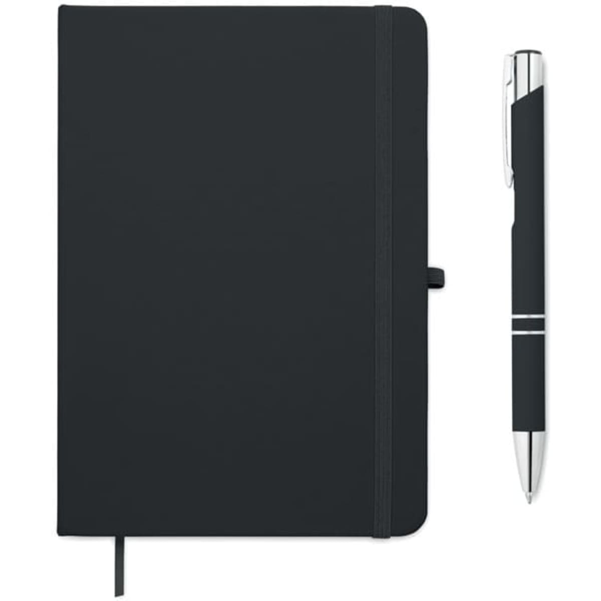 A black notebook with a pen placed beside it. The notebook has a logo and an elastic band closure.