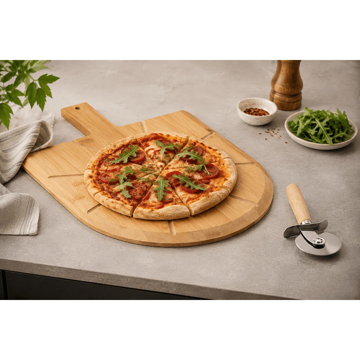 A pizza with toppings including tomato sauce, cheese, and herbs, placed on a wooden pizza board with a pizza cutter.