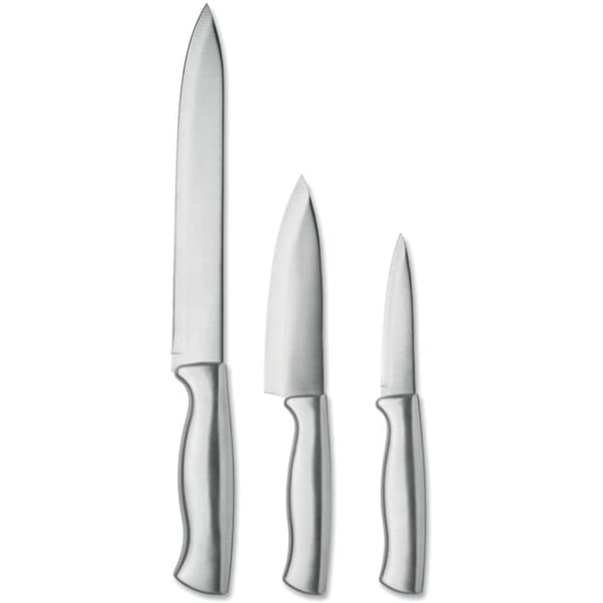 A set of three stainless steel knives with sleek, ergonomic handles in silver.
