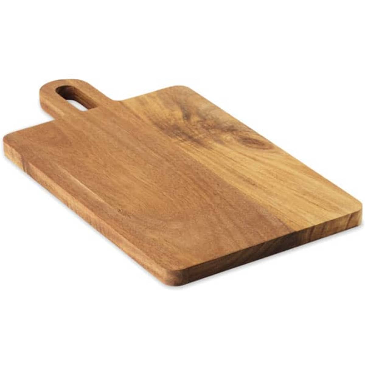 A wooden chopping board with a handle, featuring a smooth rectangular surface and a natural wood finish.