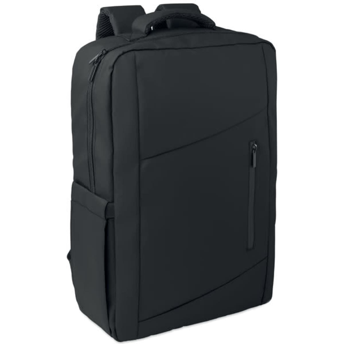 A black backpack featuring multiple compartments and a sleek, modern design. It includes a logo on the front.
