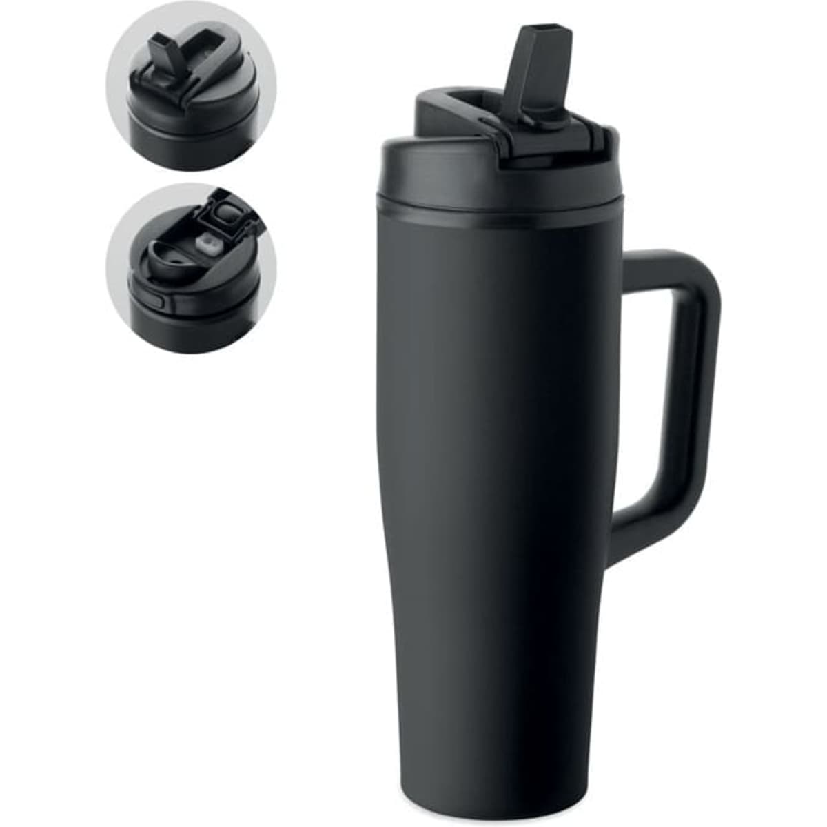 A drink bottle in matte black with a handle and two different lid styles. Features a sleek, modern design.
