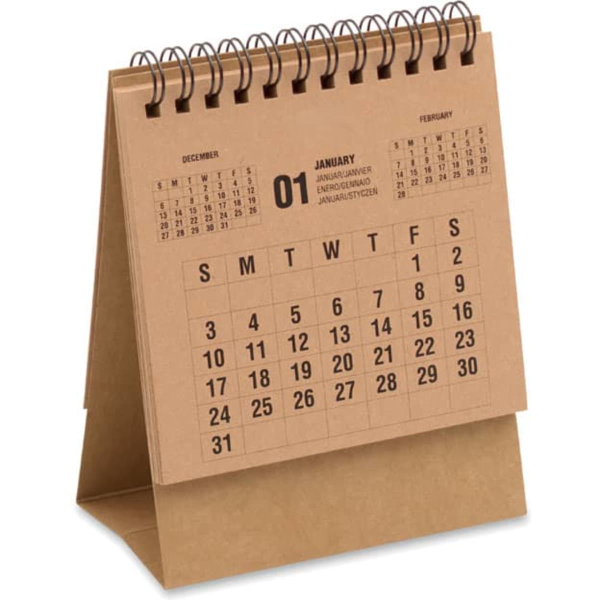A desk calendar with a spiral binding, featuring a brown cover and black printed dates for January and February.