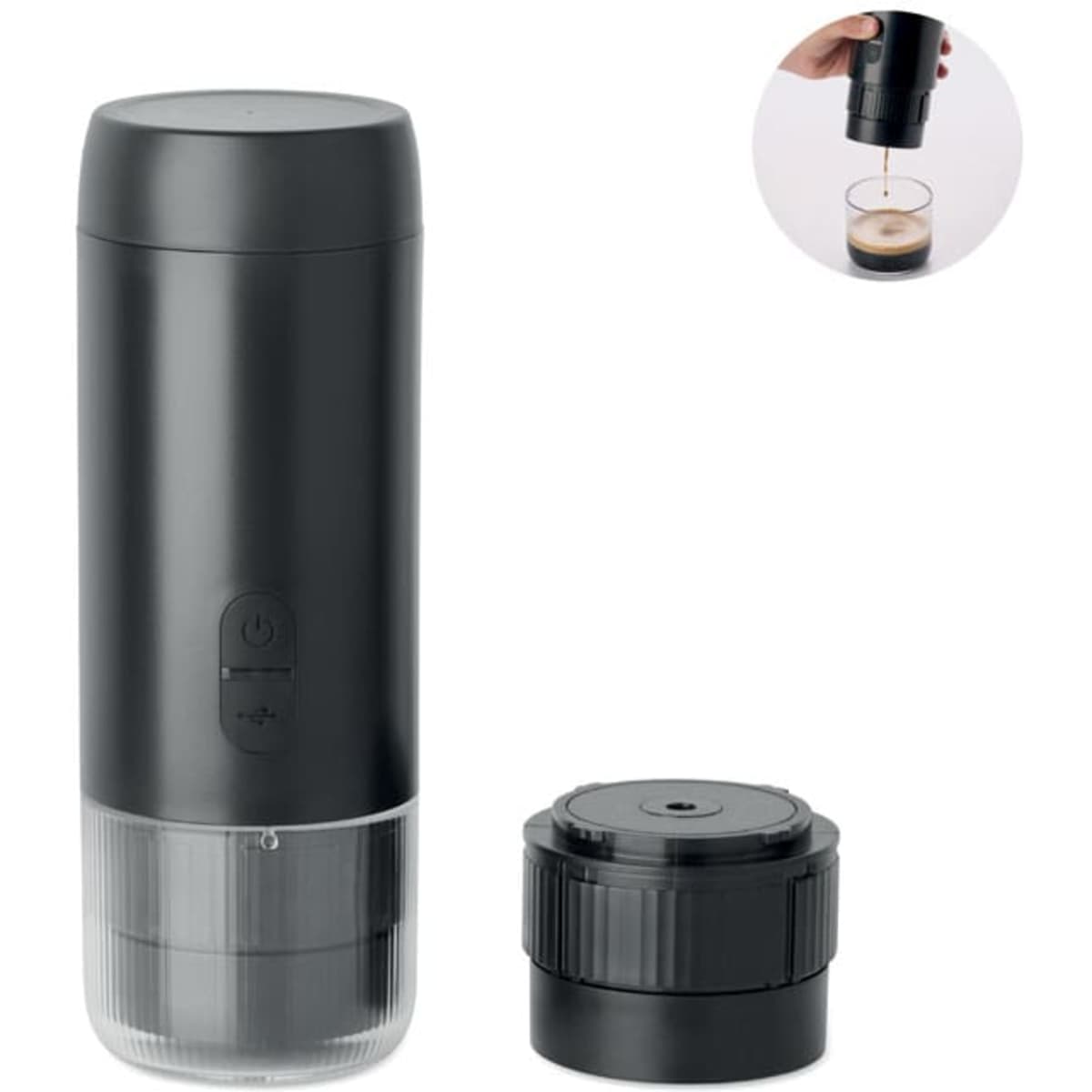 A drink bottle in matte black with a clear bottom, featuring a removable lid and a logo.
