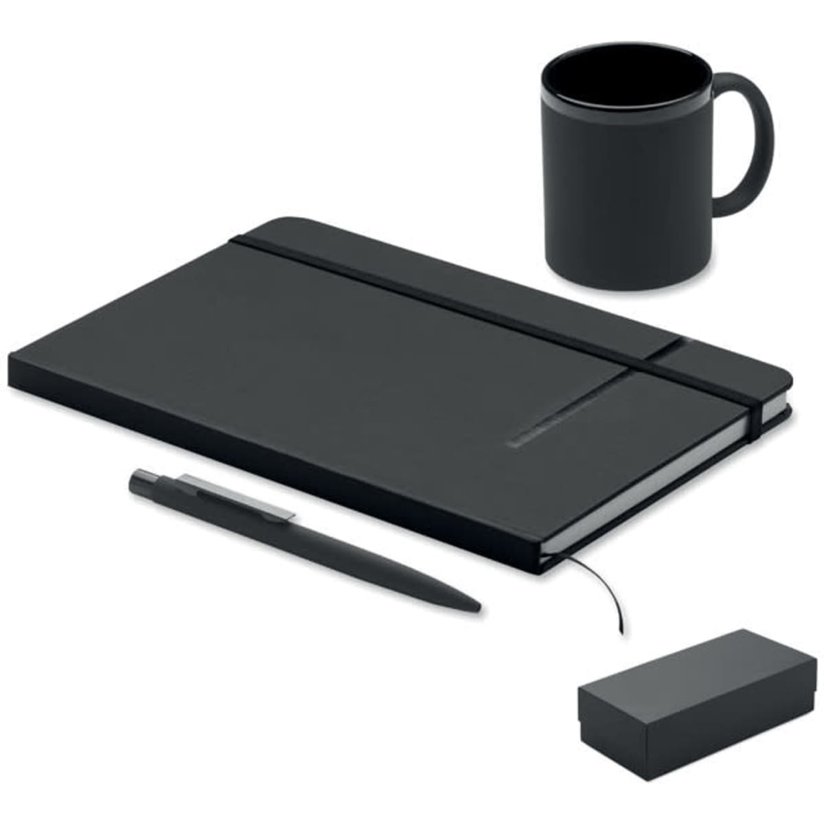 A black notebook with a pen, a black mug, and a small box, all featuring a minimalist design.