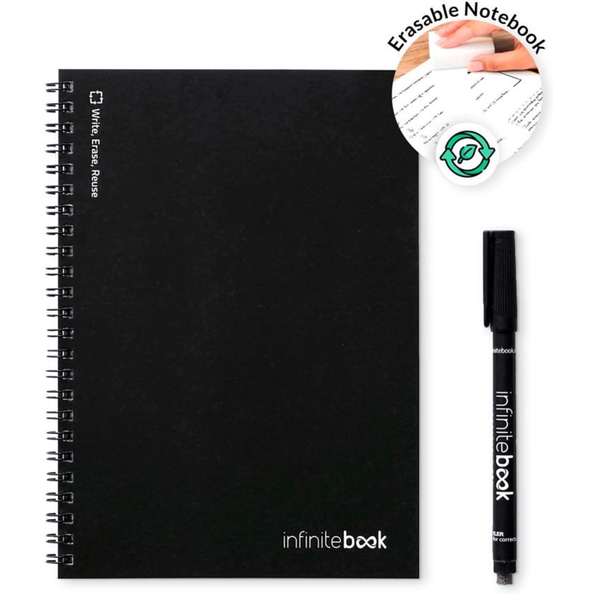 A black A5 Infinitebook with a flexible cover and a sleek design, accompanied by a black erasable pen.