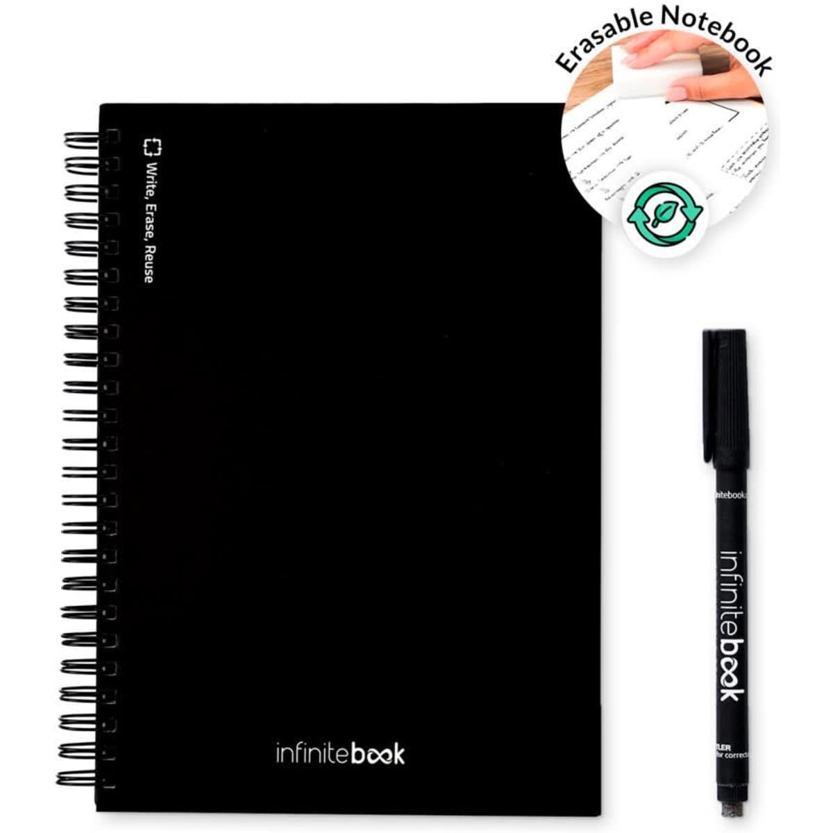 A black A5 "Infinitebook", accompanied by a cleaning kit, a black marker, and a marker holder.
