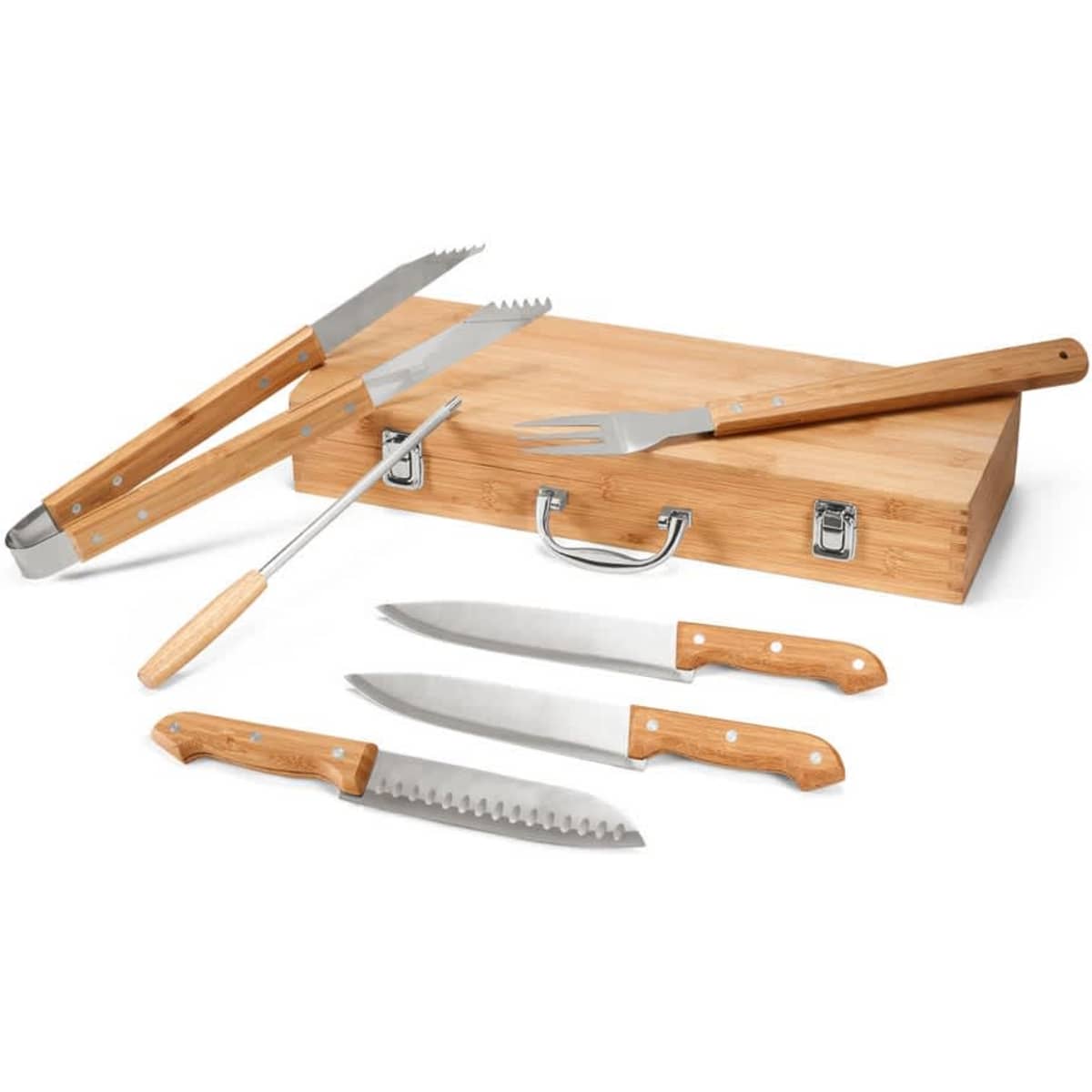 A bamboo box contains barbecue utensils, including tongs, a fork, and knives with wooden handles.