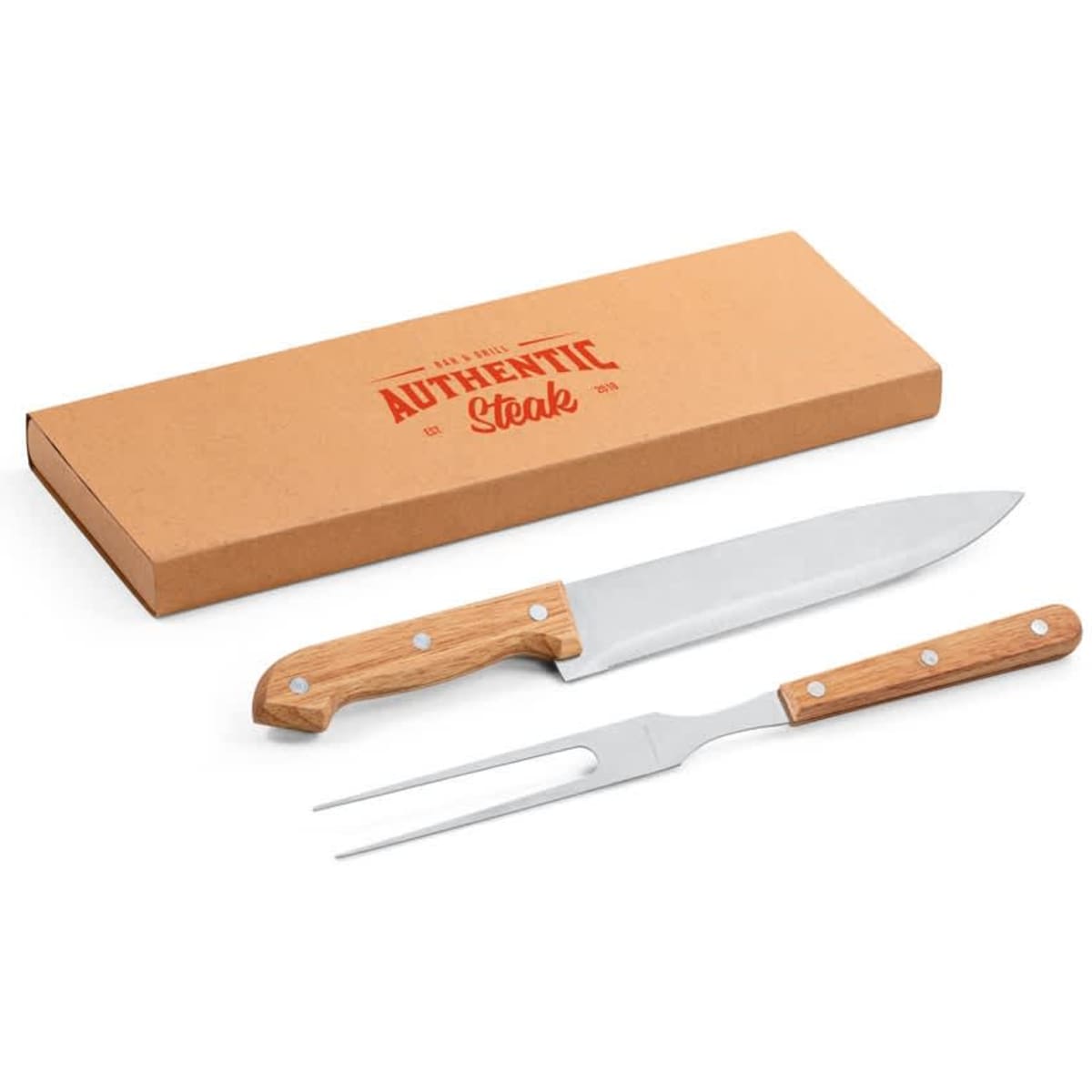 A two-piece barbecue set featuring a stainless steel knife and fork with wooden handles, packaged in a brown box.