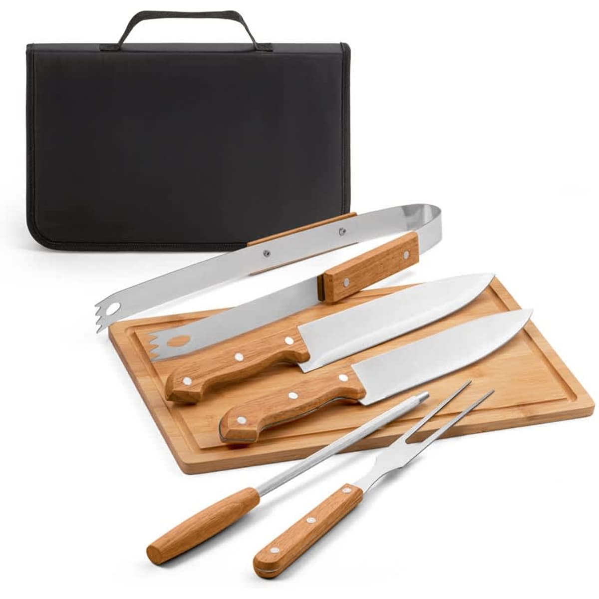 A five-piece barbecue set featuring stainless steel tools with wooden handles and a bamboo board, all contained in a black case.