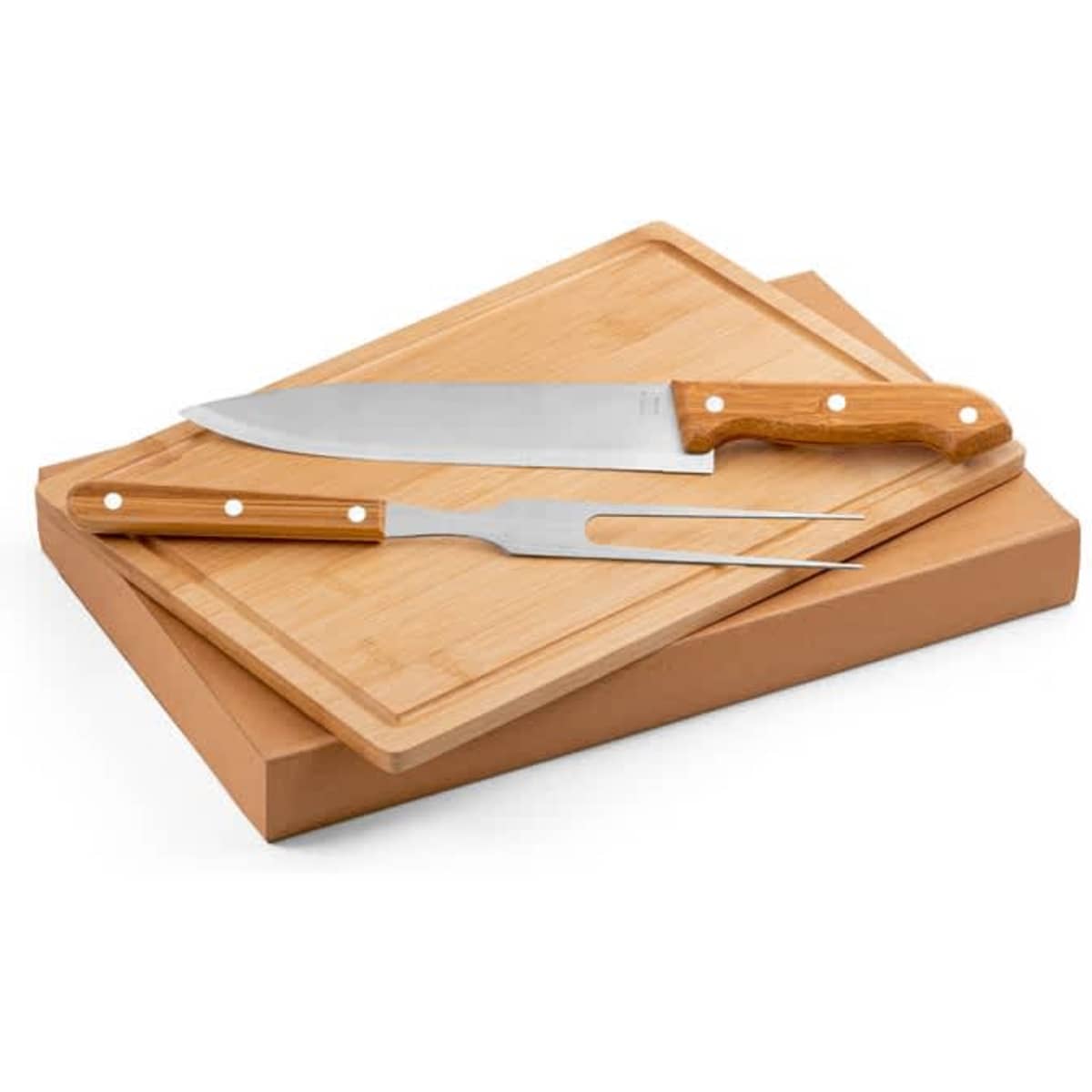A barbecue set featuring a stainless steel knife and fork with wooden handles, placed on bamboo chopping boards.