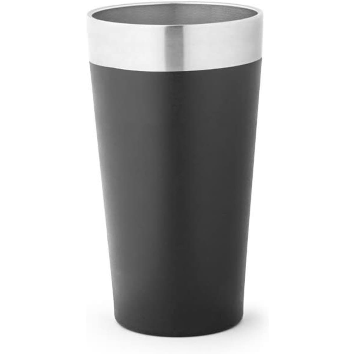A drink bottle featuring a matte black exterior and a stainless steel rim, with a sleek, modern design.