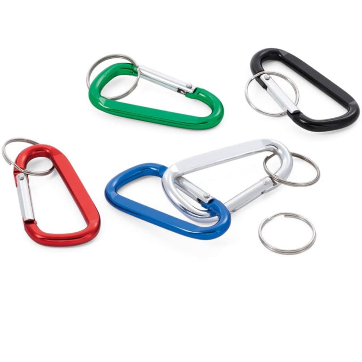A set of aluminium carabiners in red, green, blue, black, and silver, each with a keyring attachment.