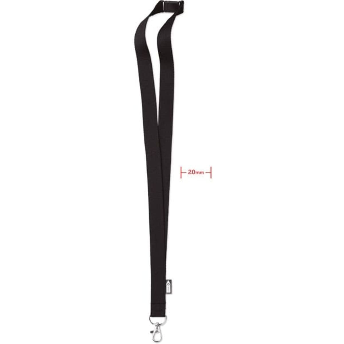 A black lanyard with a silver clip at the end, featuring a logo and measuring 20mm in width.