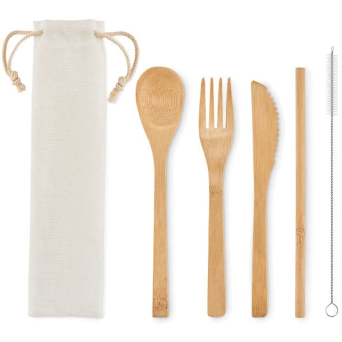 A set of bamboo utensils including a spoon, fork, knife, straw, and cleaning brush in a drawstring pouch.