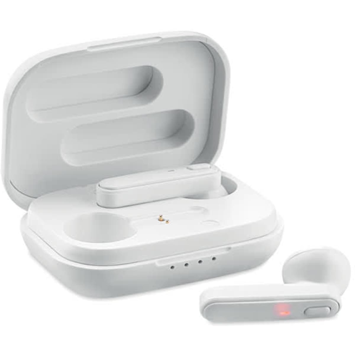 Wireless earbuds in a white charging case, with one earbud outside the case, displaying a red indicator light.