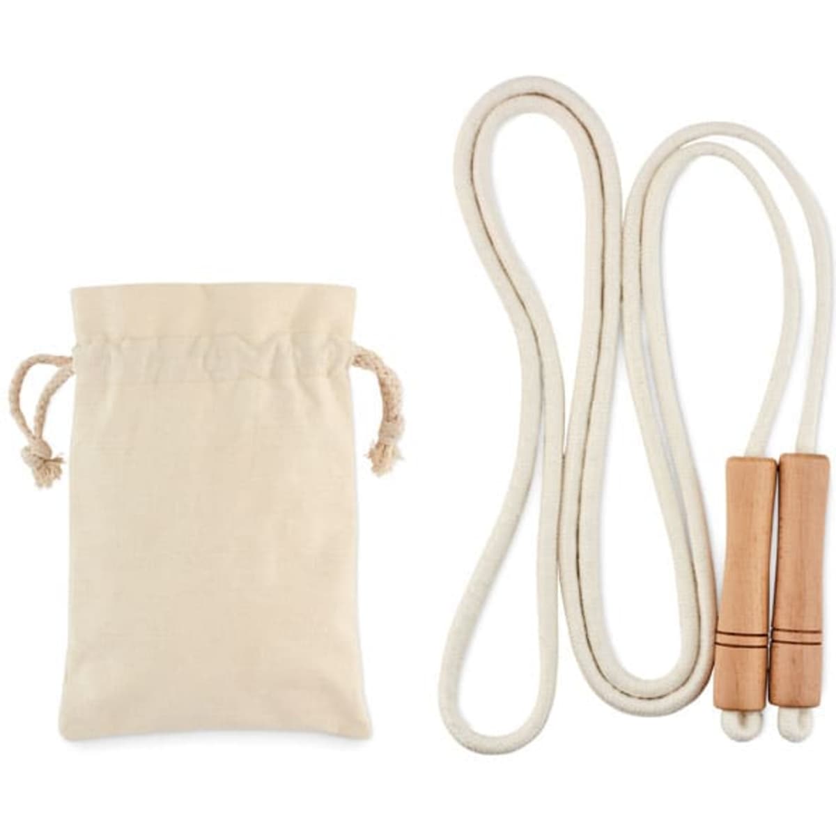 A jump rope with wooden handles and a beige drawstring bag. The rope is white, and the bag is made of natural fabric.