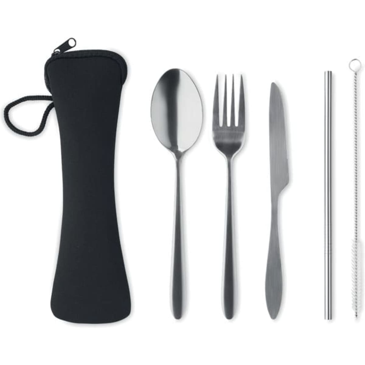 A set of stainless steel utensils including a spoon, fork, knife, and straw, with a black carrying case.