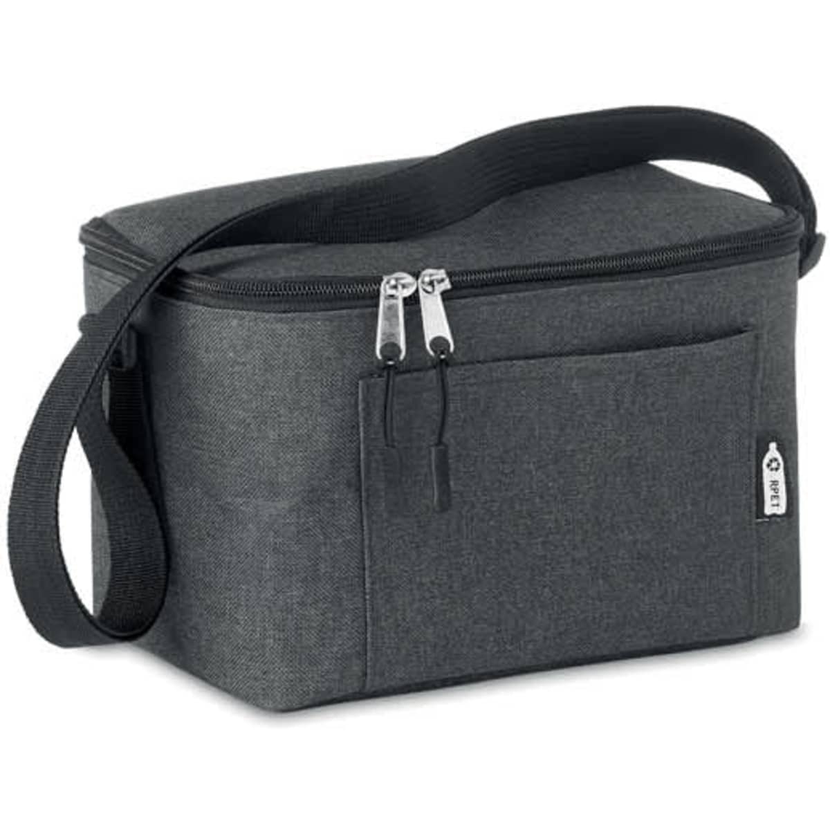 A grey insulated drink bottle bag with a zippered closure and a shoulder strap, featuring a front pocket.