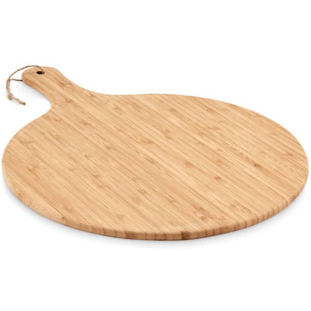 A round bamboo serving board with a handle and a tied cord, showcasing a natural wood finish.