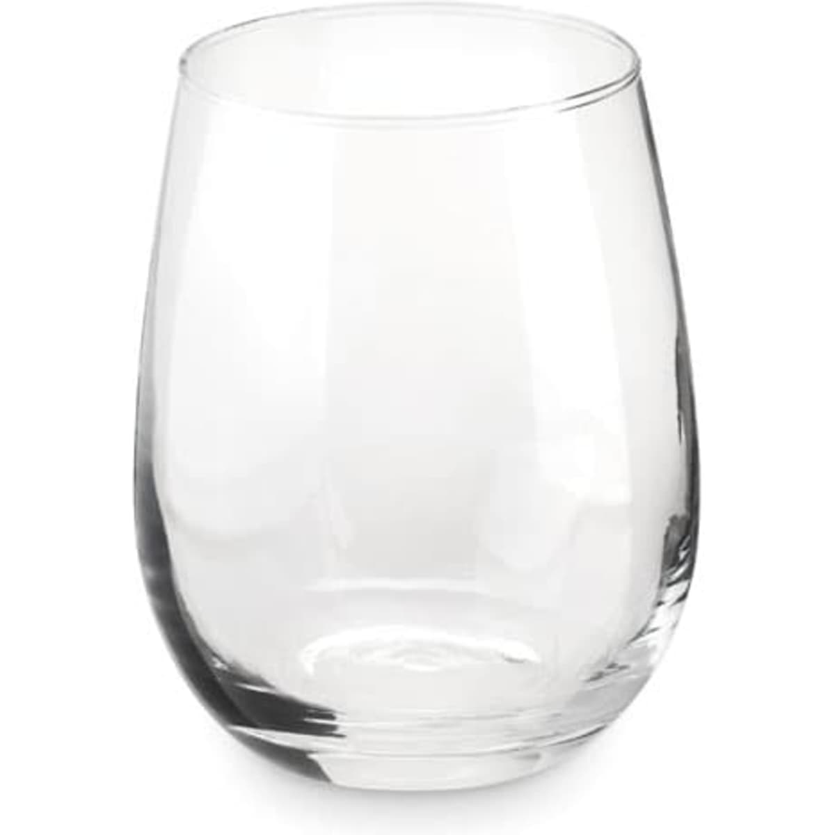 A transparent glass tumbler with a curved design, featuring a smooth surface and a sturdy base.