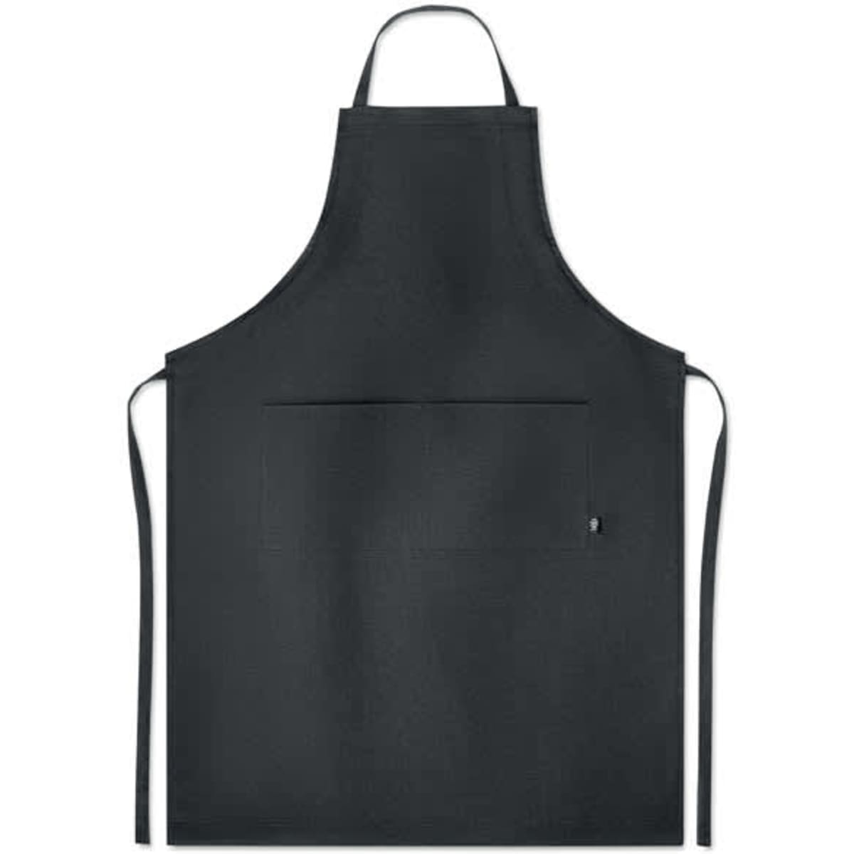A black apron with a pocket and adjustable straps, featuring a small branding logo.