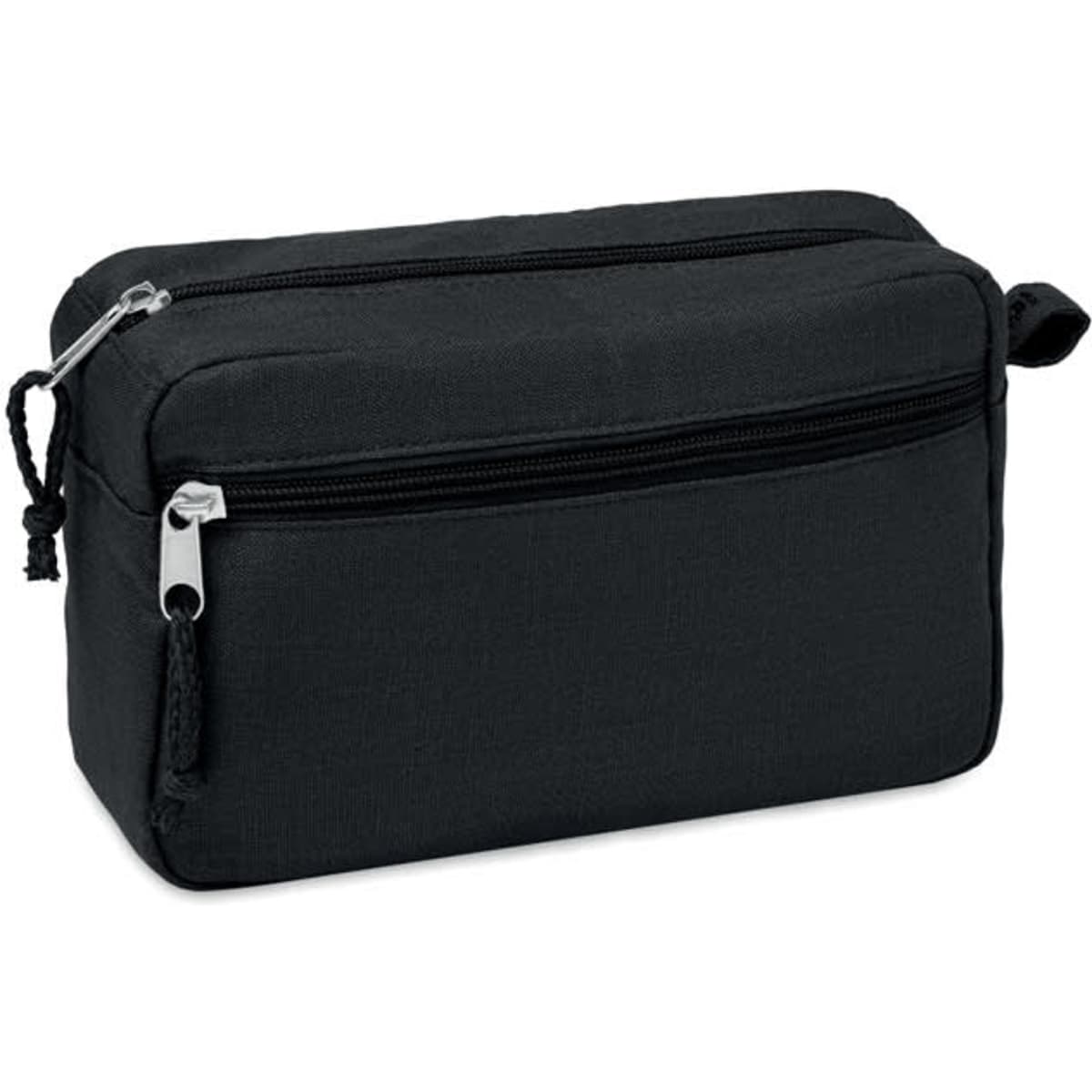 A black cosmetic bag with two zippered compartments and a textured finish. It has a small pull tab for easy opening.