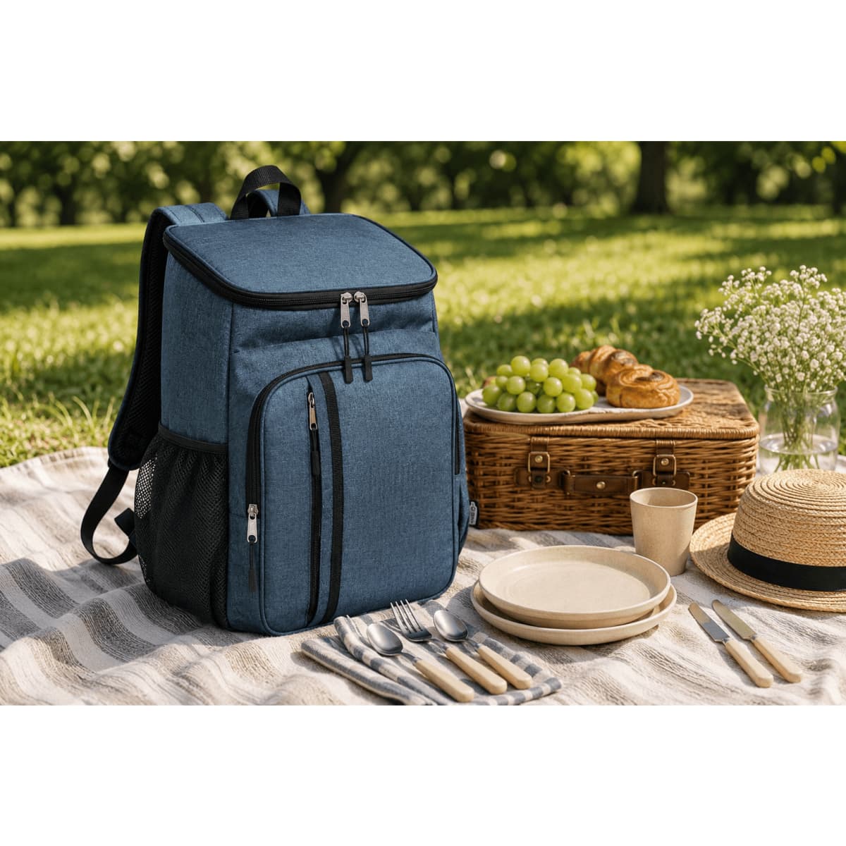 A blue picnic backpack sits on a picnic blanket with plates, cutlery, and food items, set in a grassy outdoor area.