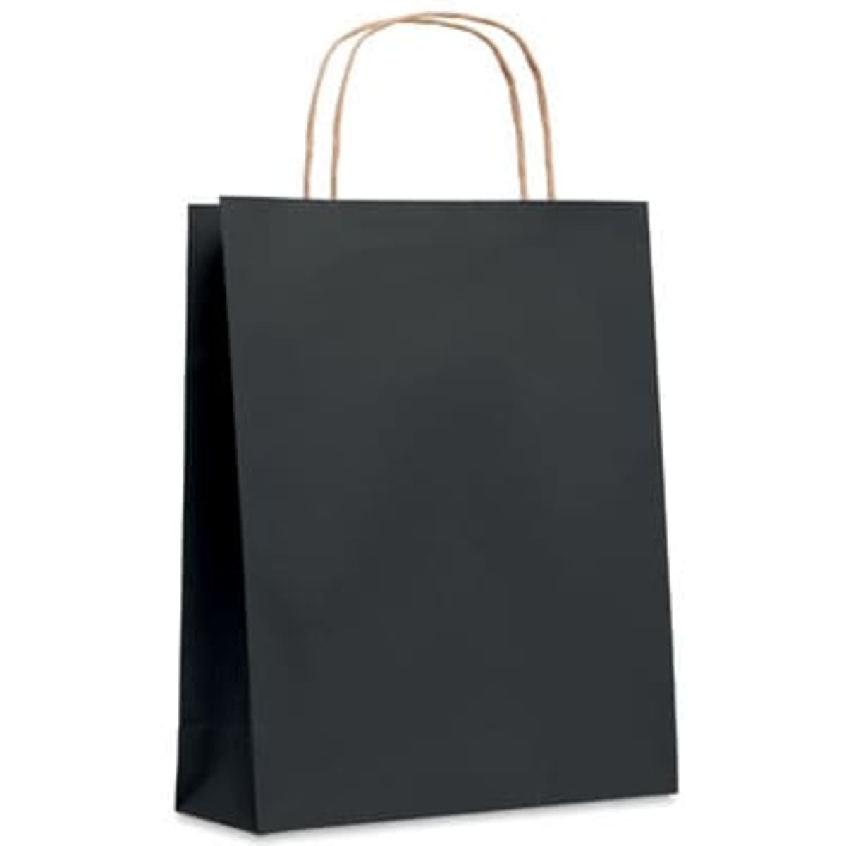 A black paper shopping bag with brown twisted handles and a plain exterior.