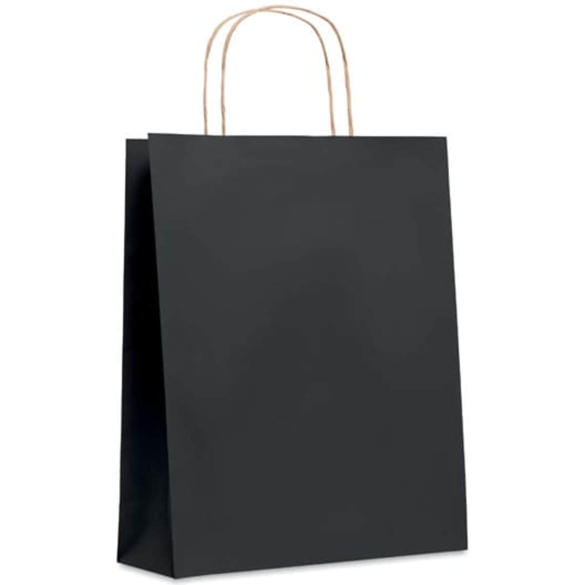 A black paper shopping bag with brown rope handles and a smooth surface. The bag has no visible logos or text.