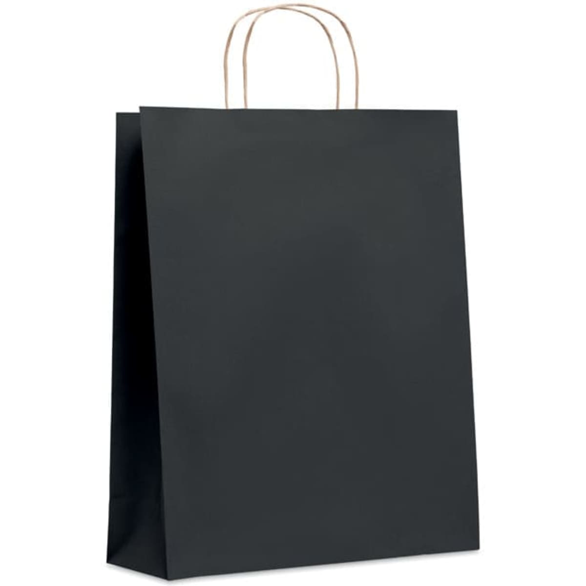 A black paper shopping bag with twisted handles and a plain design.