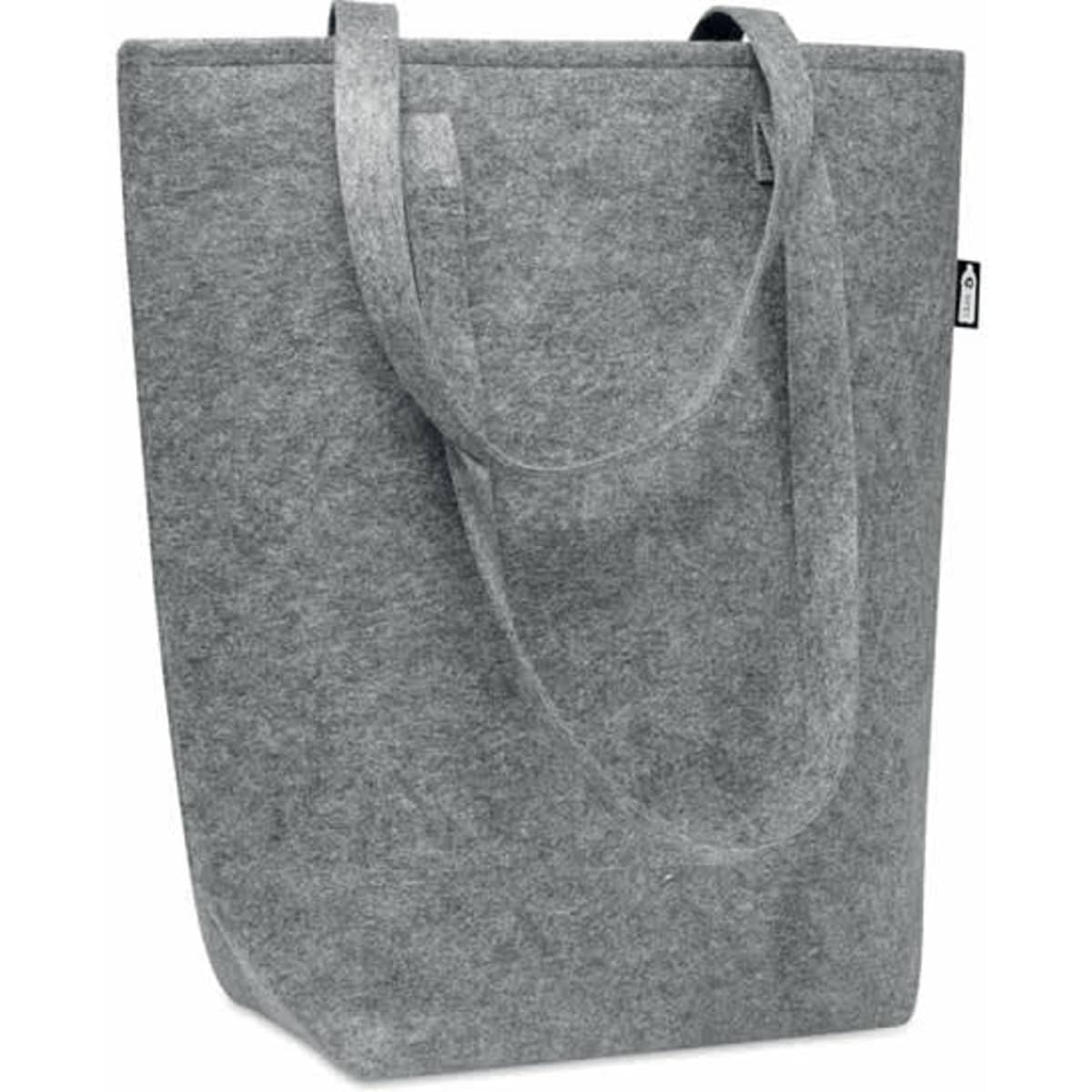 A grey felt tote bag featuring two handles and a simple design, with a small logo on one side.
