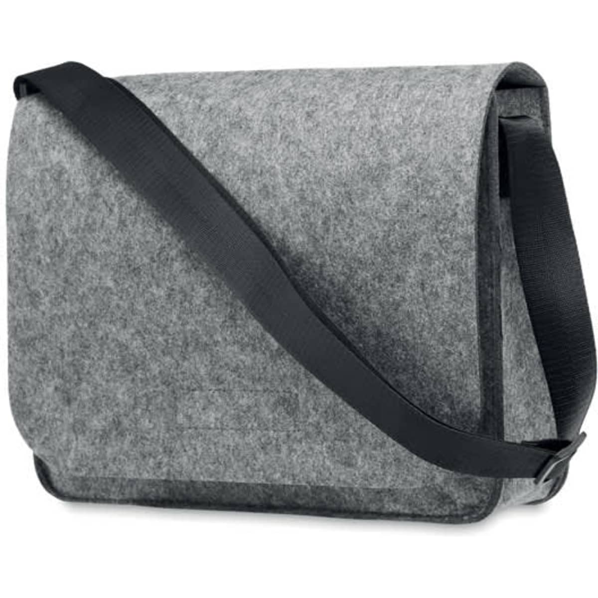 A grey felt messenger bag with a black adjustable strap, featuring a flap closure and a minimalistic design.