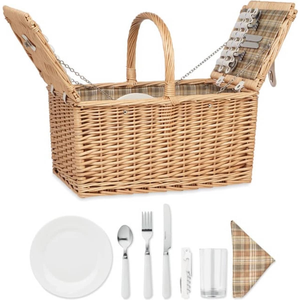 A wicker picnic basket in natural tones with a checkered lining, accompanied by cutlery and plates.