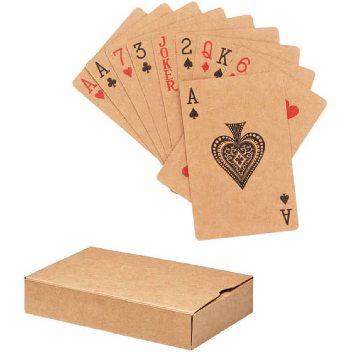 A deck of playing cards featuring hearts and a joker, with a brown cardboard box for storage.
