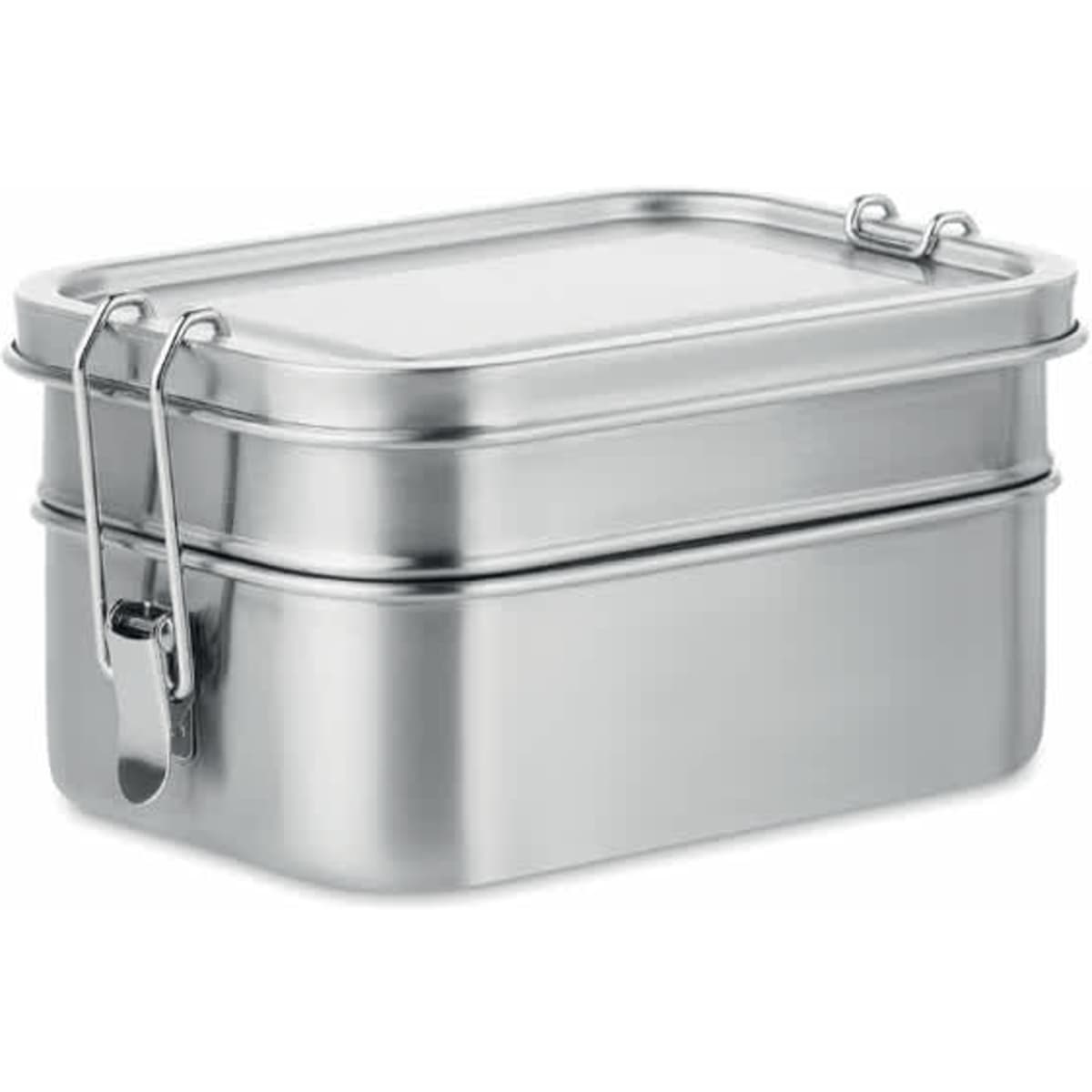 A stainless steel double-layer lunch box with a secure clasp, featuring a sleek, silver design.