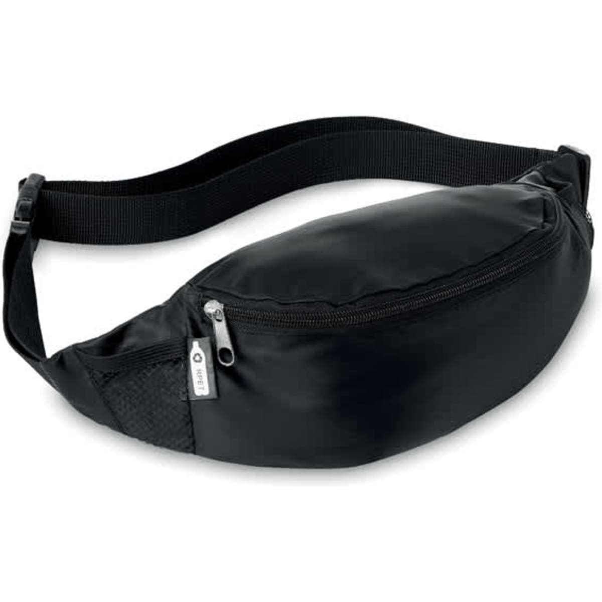 A black fanny pack with a zippered compartment and an adjustable strap, featuring a mesh side pocket.