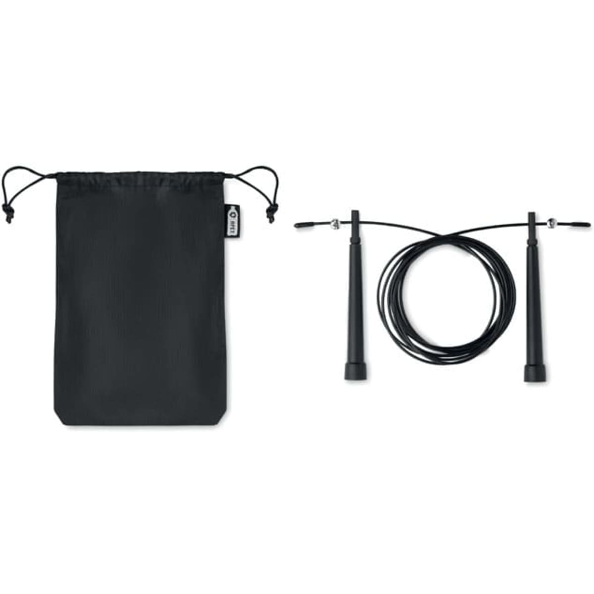 A jump rope with black handles and a coiled cable, accompanied by a black storage pouch.