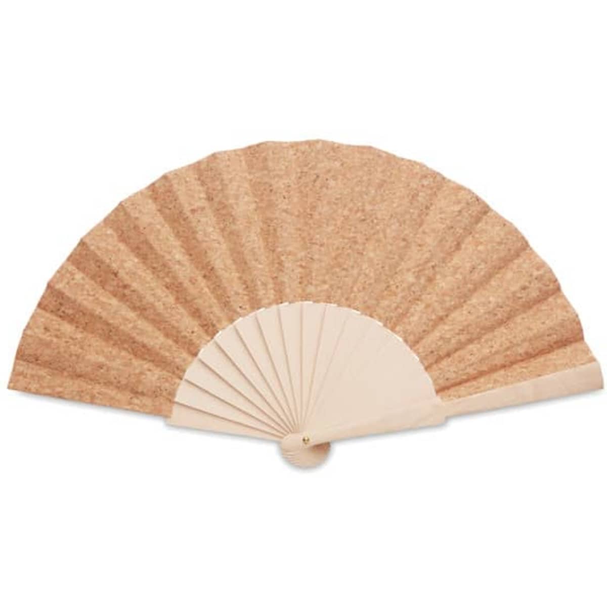 A cork fan with a light wood handle, featuring a natural beige colour and an elegant folding design.