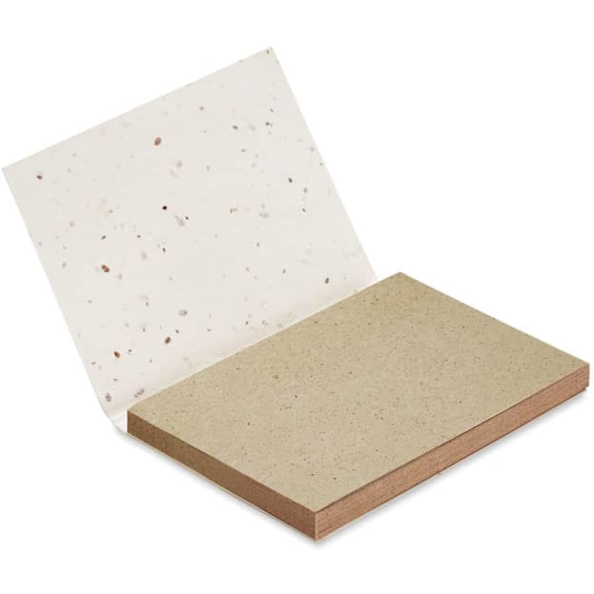 A notepad with a textured cover in beige and a white, speckled sheet of paper inside. Features a logo on the cover.